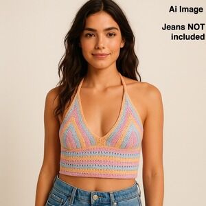Hollister Crochet Halter Top Rainbow Sz. Sm. Knit Y2K Style Festival Boho Crop